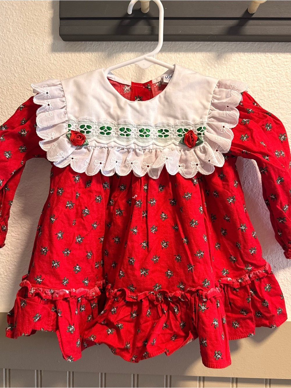 Vintage Girls Red Floral Ruffle Bib Dress - Classic Holiday Dresses
